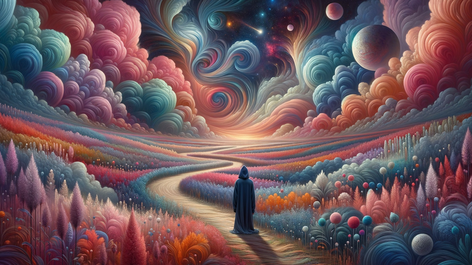 Mystical Landscape with Winding Path and Colorful Clouds