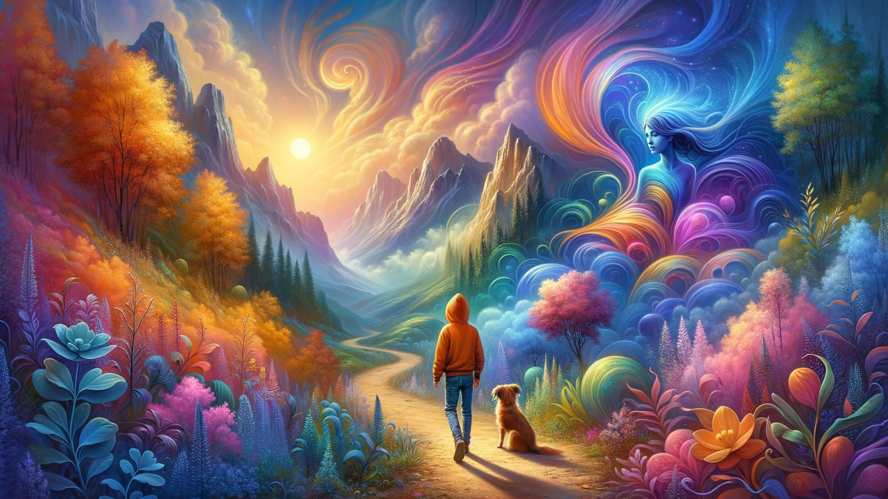 Vibrant landscape with colorful hills and sunset scene