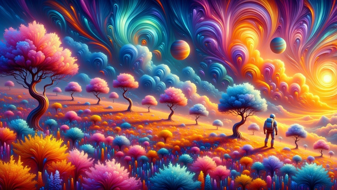 Surreal Landscape with Colorful Clouds and Trees