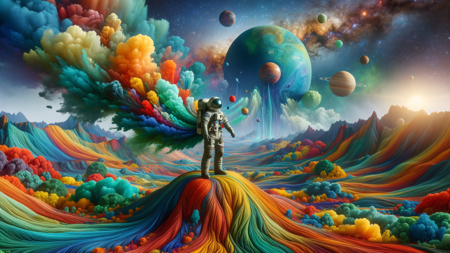 Astronaut in a Vibrant Rainbow Landscape with Cosmic Scene