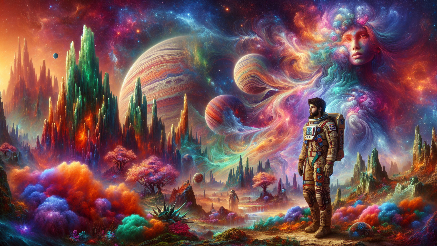Cosmic Scene with Astronaut and Surreal Landscapes