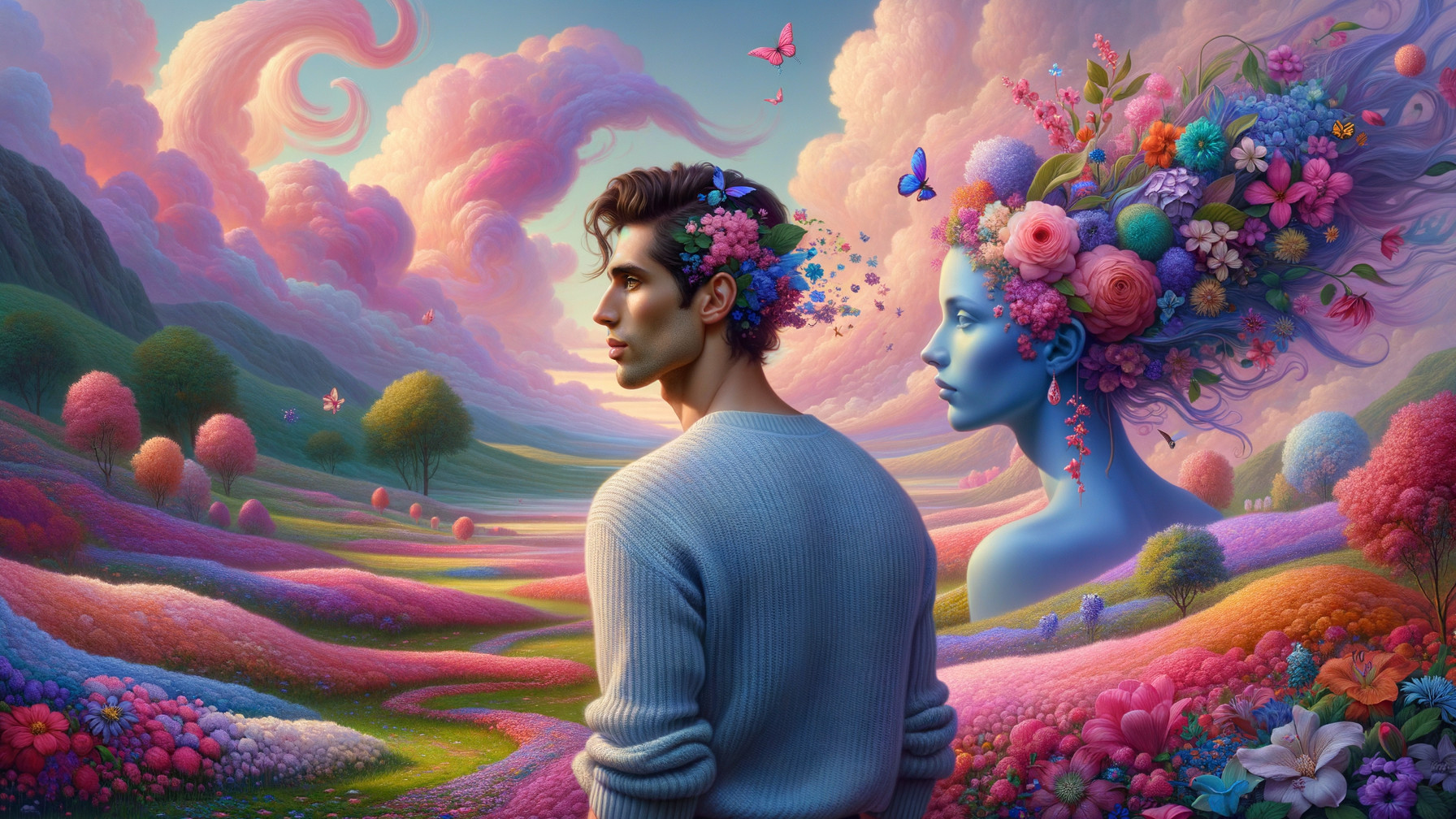 Surreal Landscape with Blue-Skinned Figure and Butterflies