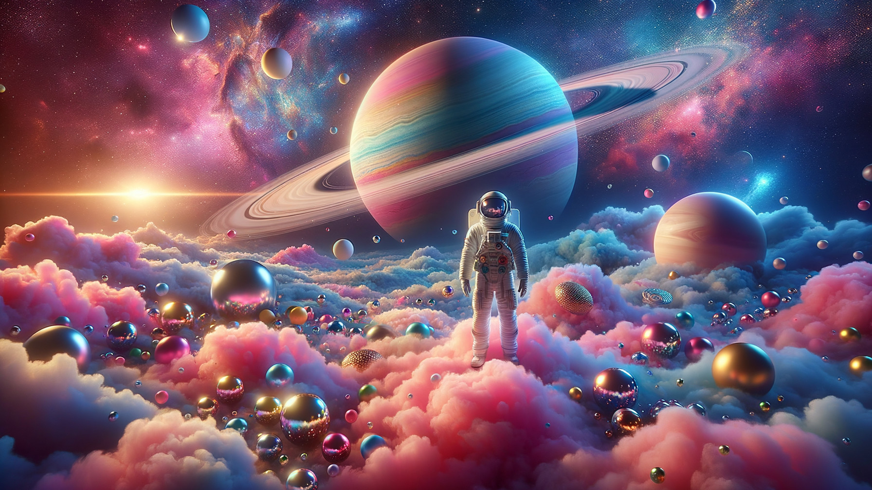Astronaut in a Colorful Cosmic Landscape with Clouds