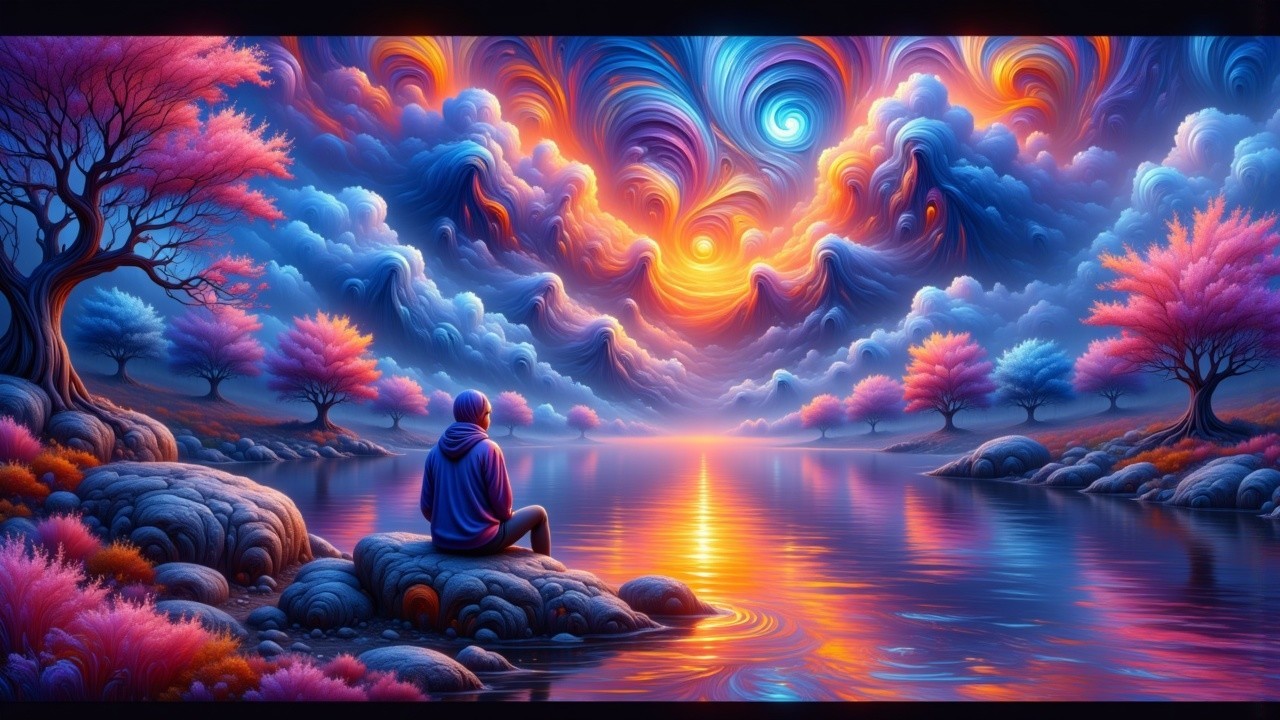Tranquil Lake Landscape with Colorful Sky and Trees