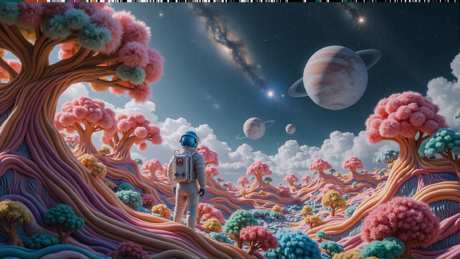 Surreal Landscape with Colorful Trees and Astronaut