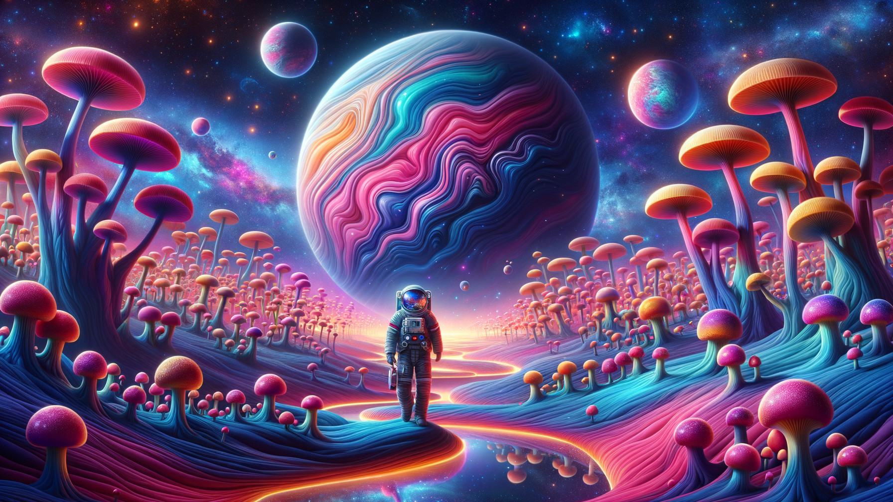 Surreal Landscape with Astronaut and Colorful Mushrooms