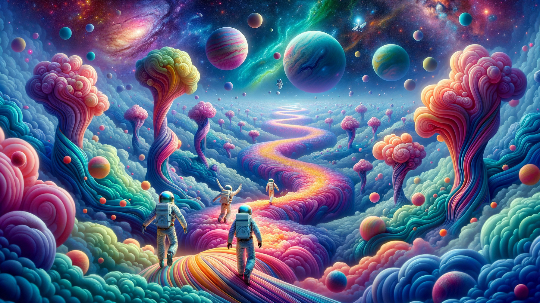 Surreal Cosmic Landscape with Astronauts and Vibrant Colors