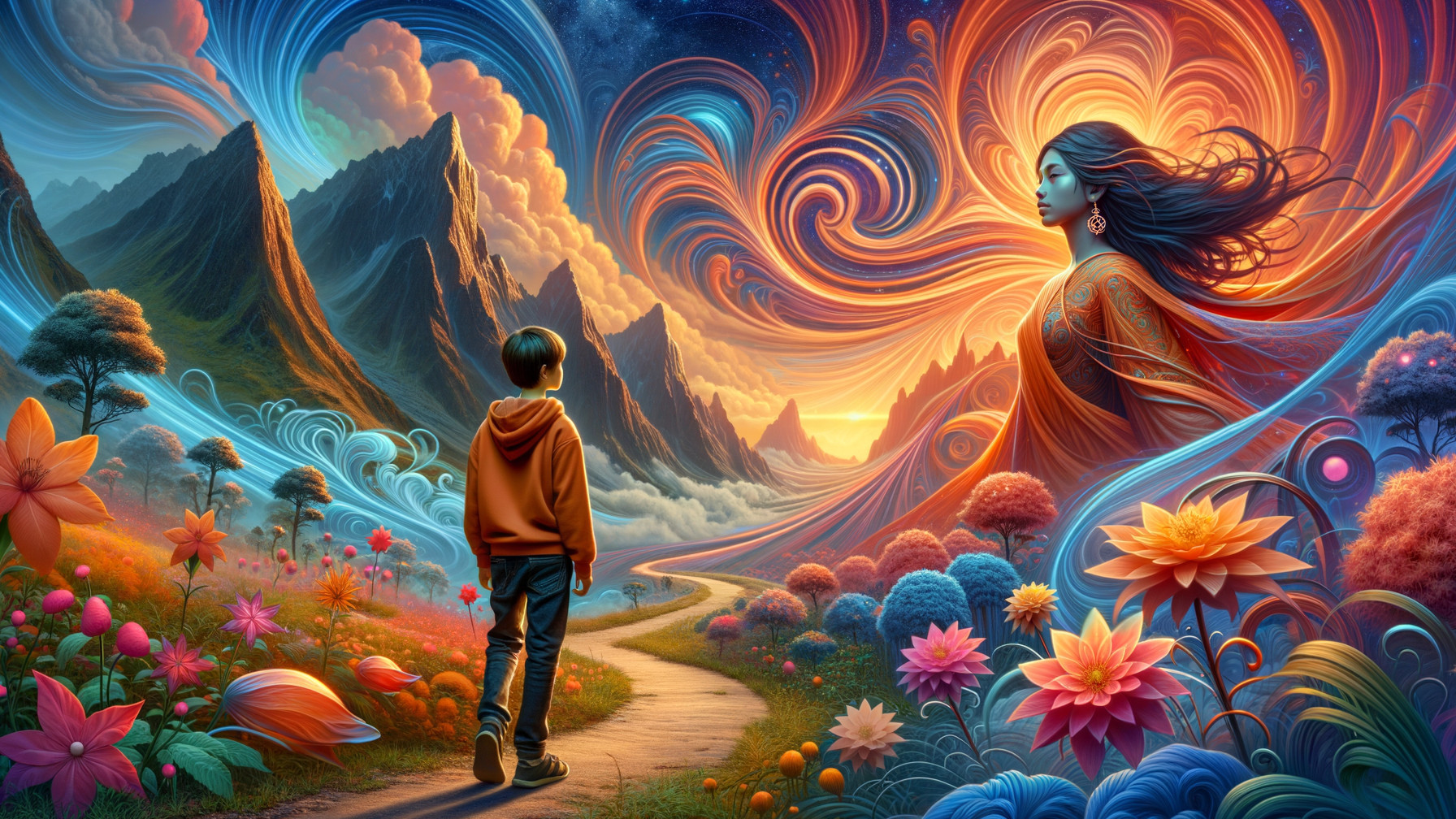 Young Boy Observing Surreal Landscape with Mountains