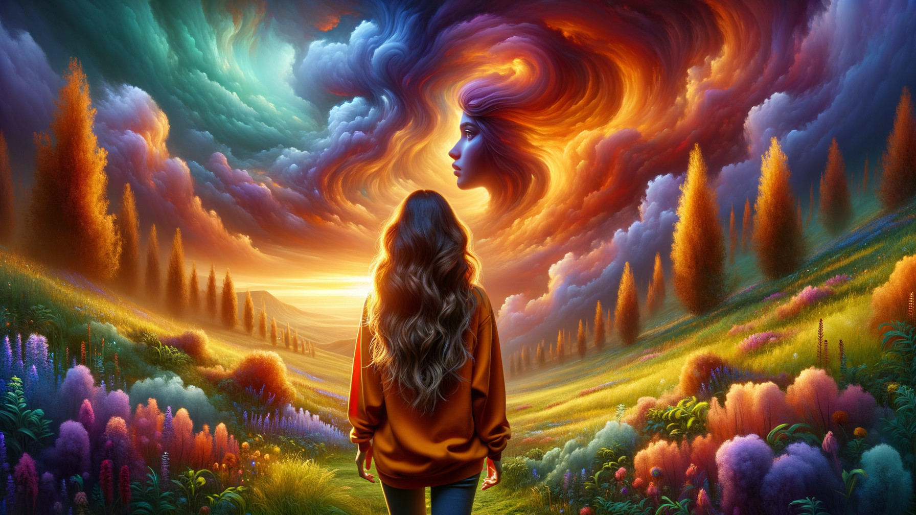 Surreal Landscape with Colorful Flowers and Clouds