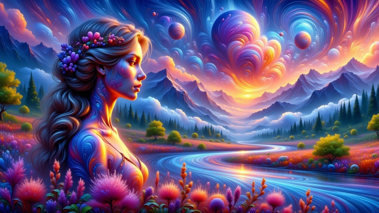 Surreal Landscape with Detailed Woman and Vivid Nature