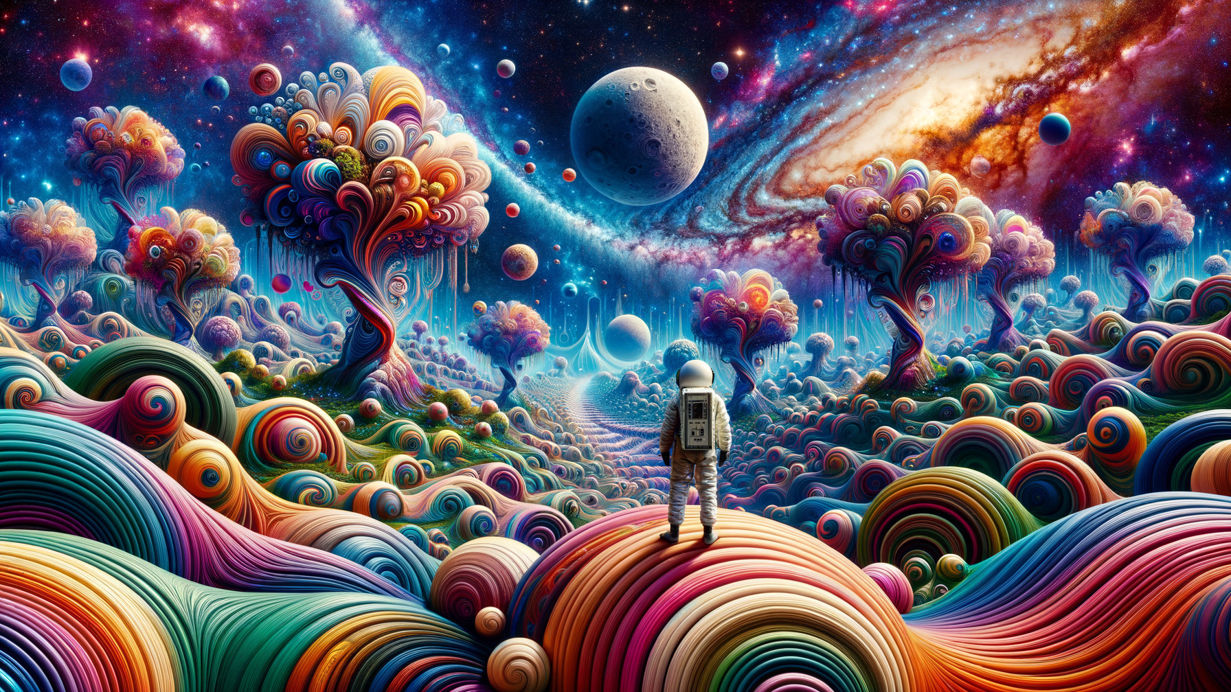 Surreal Landscape with Astronaut and Cosmic View
