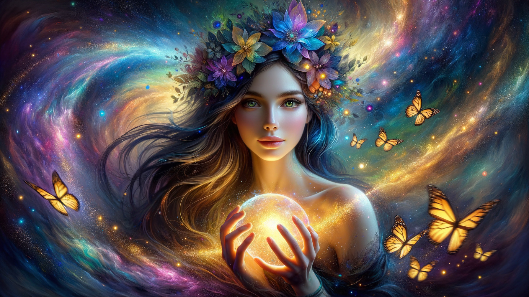 Mystical Woman with Orb in Cosmic Galaxy Setting