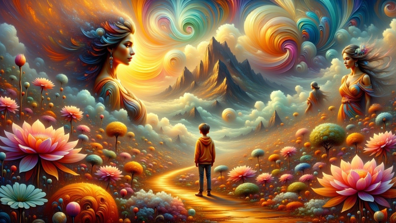 Surreal Landscape with Boy and Ethereal Women