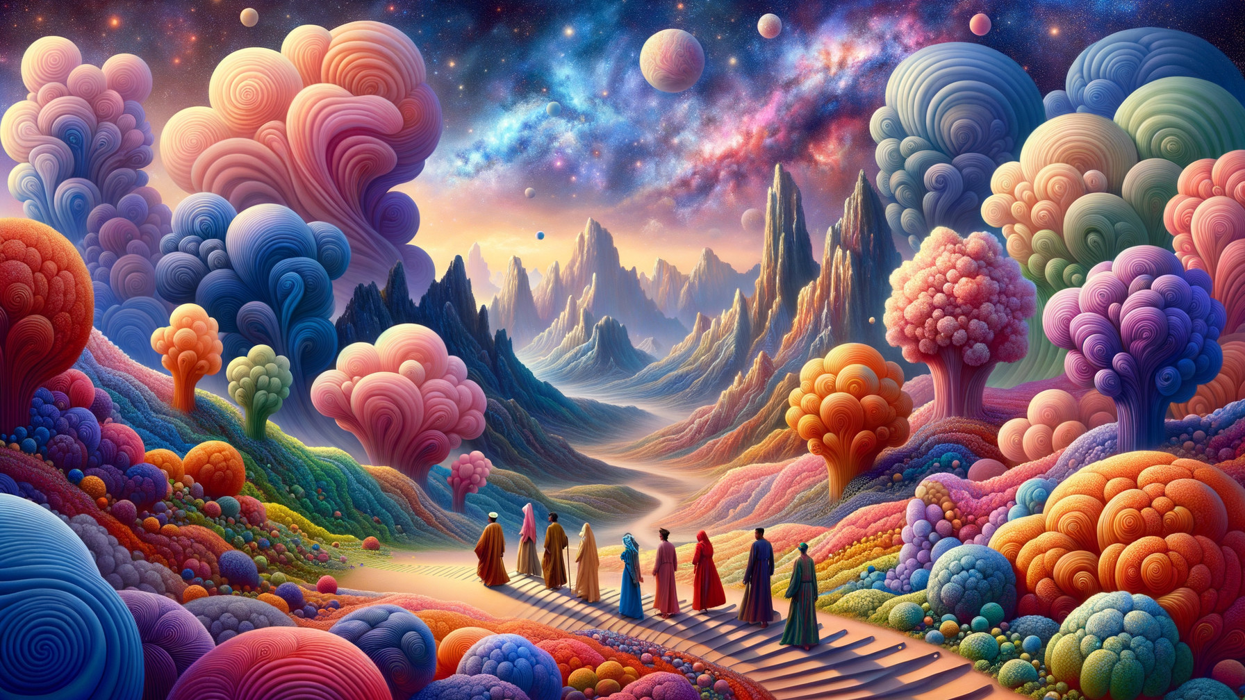 Vibrant Fantastical Landscape with Cloaked Figures
