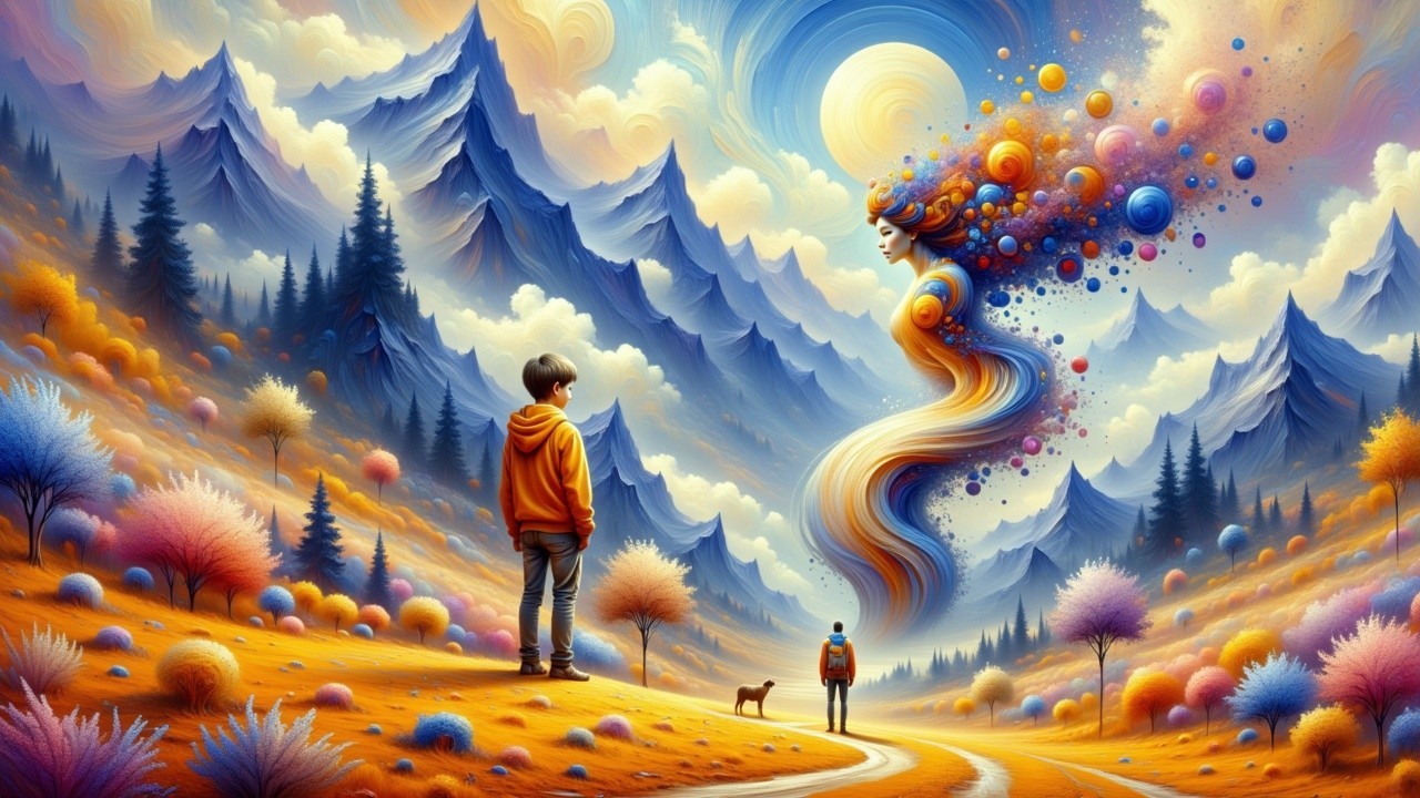 Surreal Landscape with Figures, Colorful Trees, and Dog