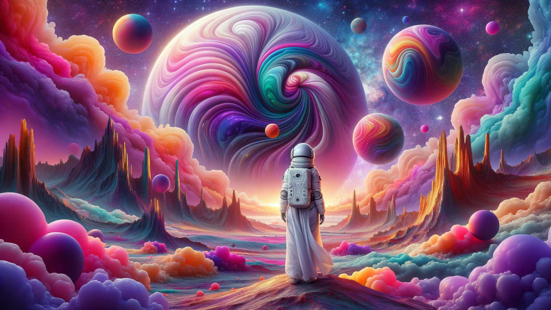 Astronaut in Colorful Otherworldly Cosmic Landscape