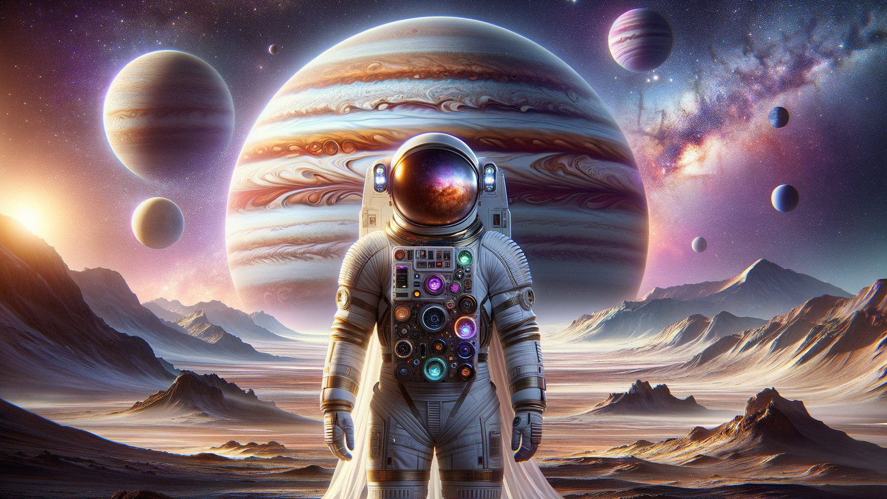Astronaut on Alien Landscape with Jupiter and Galaxies