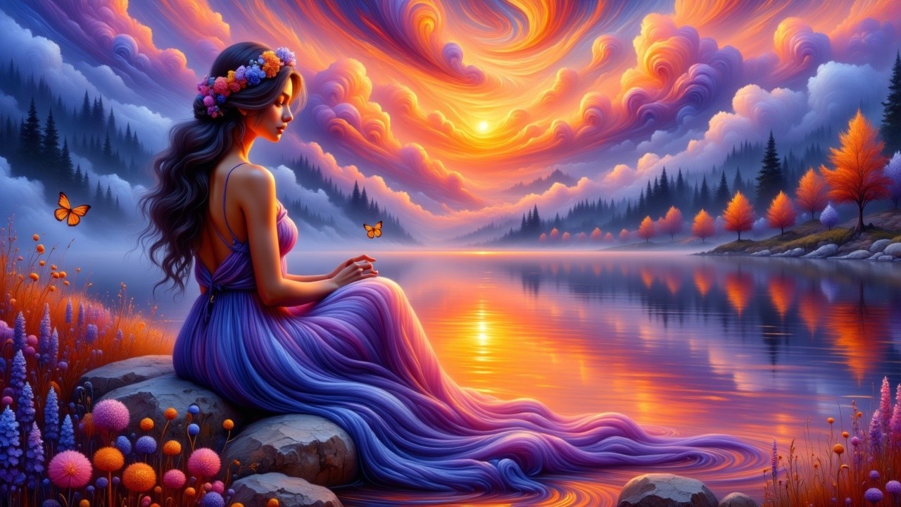 Serene Woman by Calm Lake at Sunset with Nature