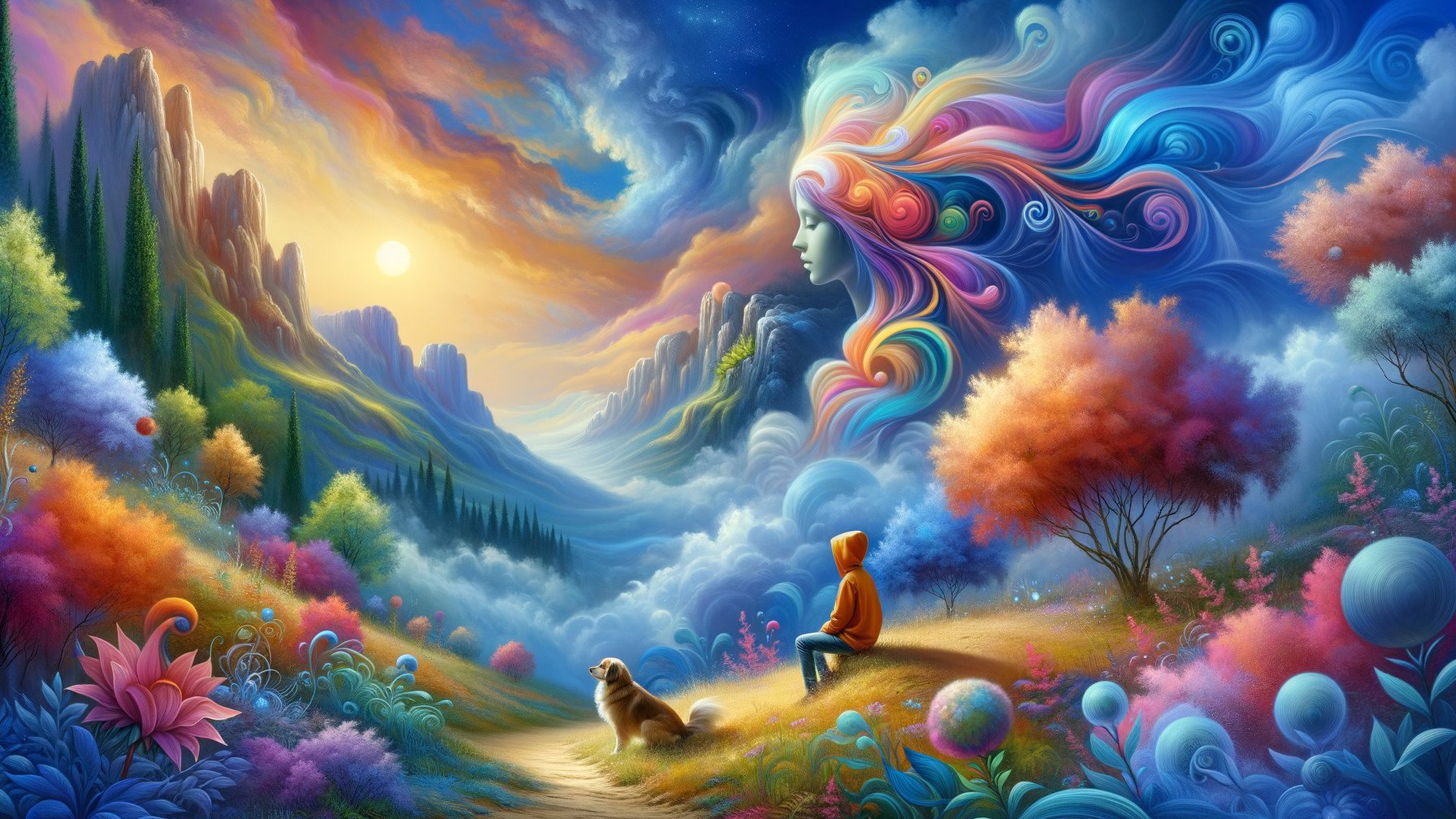 Dreamlike Landscape with Figure and Dog at Sunrise