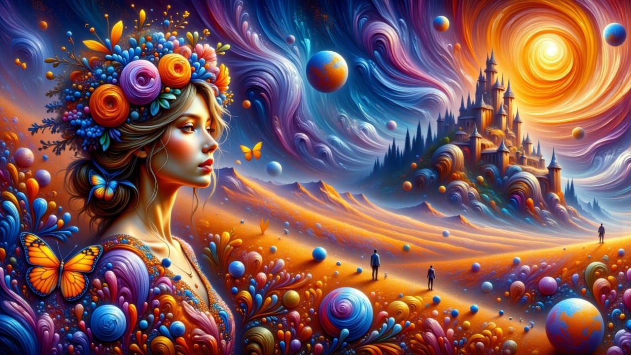 Whimsical Woman in a Colorful Fantasy Landscape
