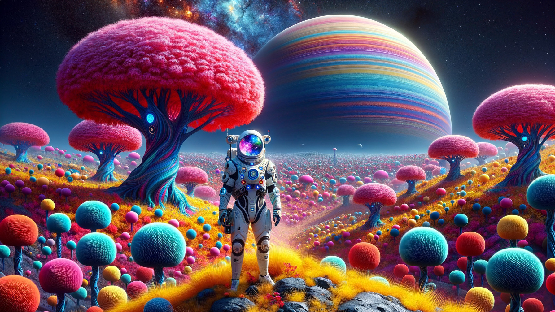 Vibrant Extraterrestrial Landscape with Astronaut and Flora