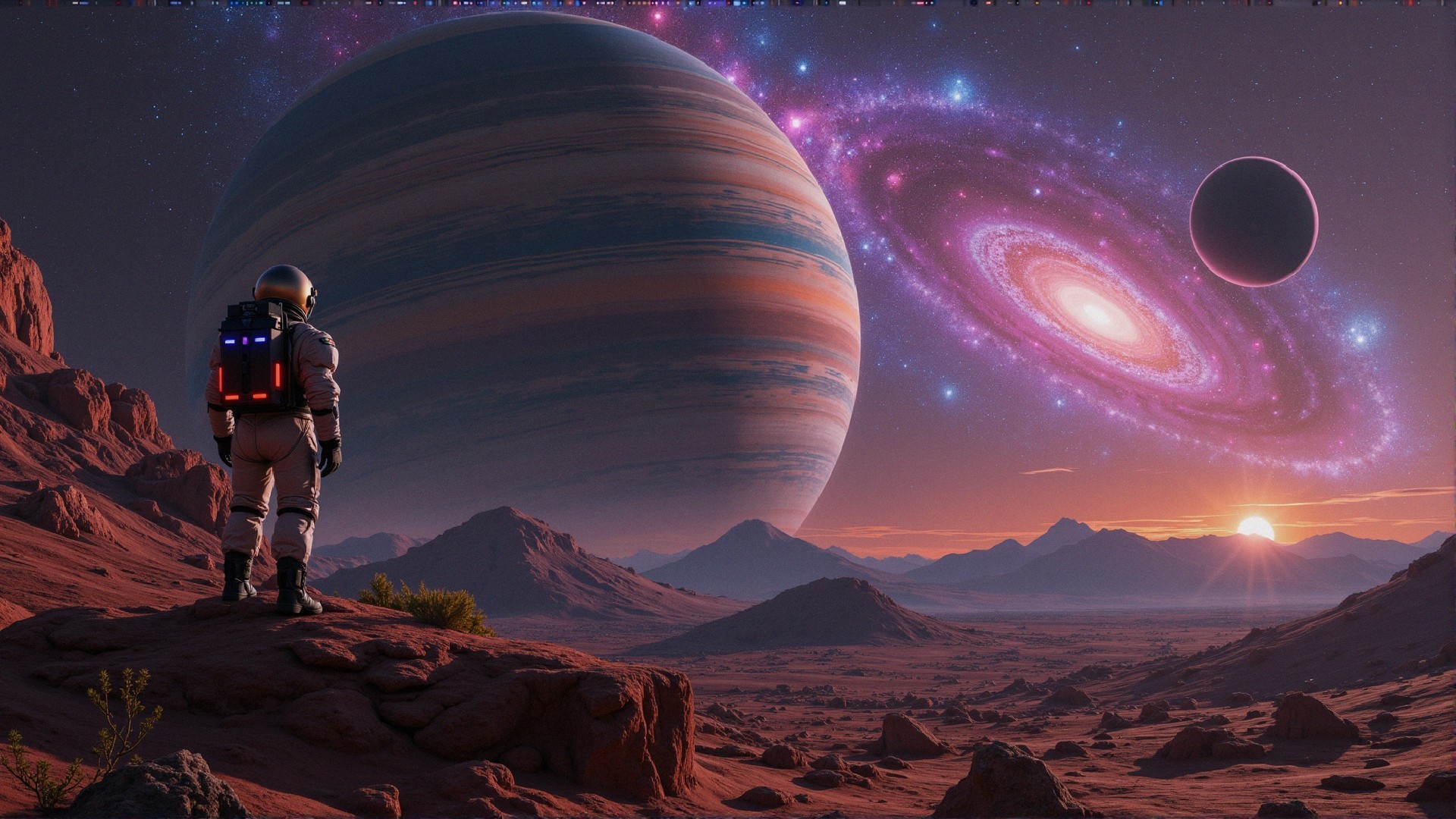 Astronaut on Alien Planet with Gas Giant and Galaxy