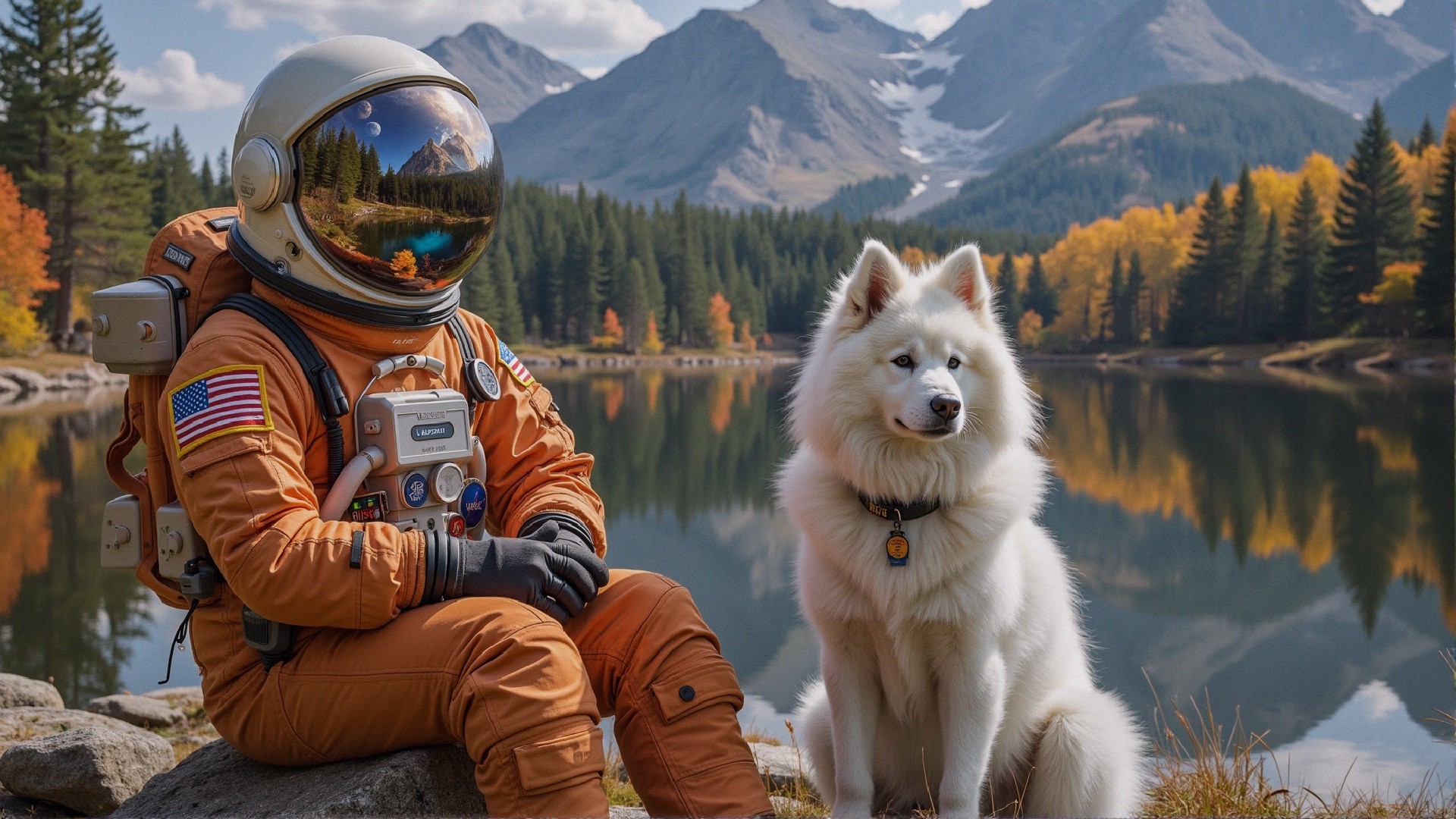 Astronaut and Dog by Serene Autumn Lake and Mountains