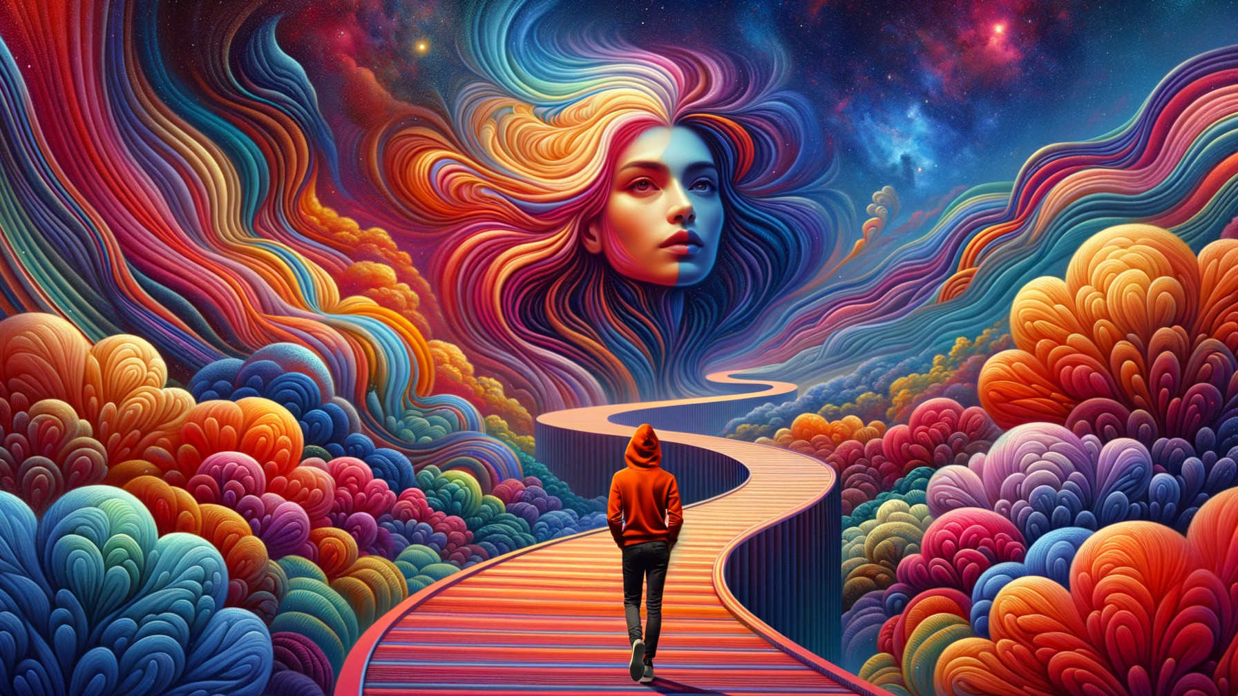 Surreal Landscape with Ethereal Face and Colorful Pathway