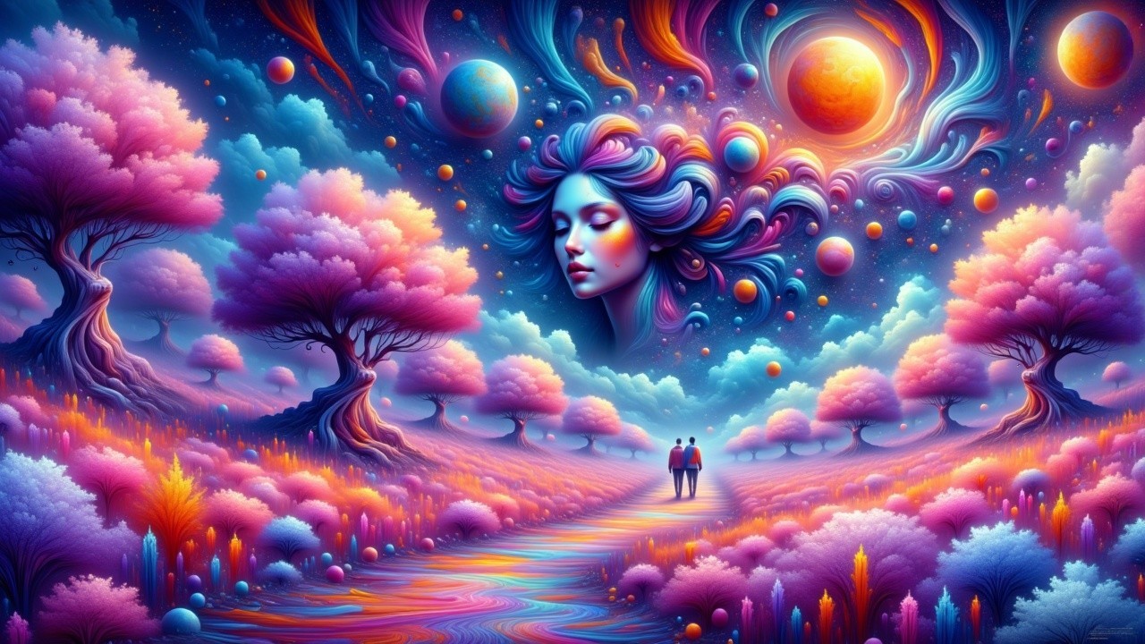 Surreal Landscape with Pink Trees and Celestial Scene