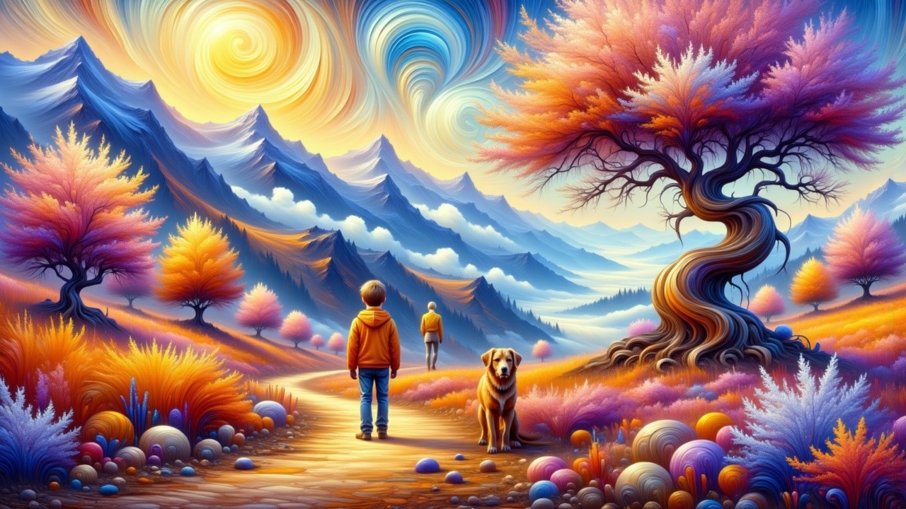 Surreal Landscape with Colorful Mountains and Figures