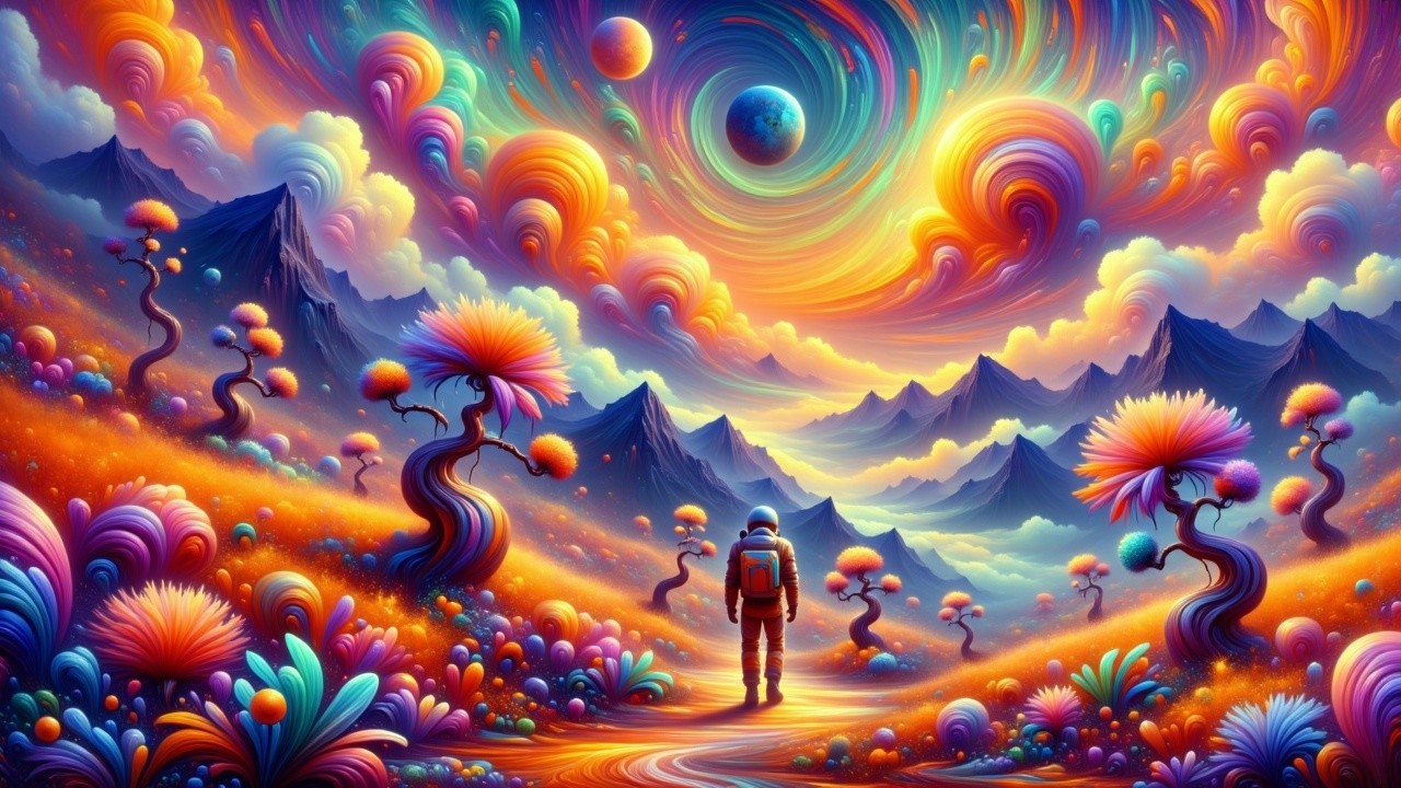 Surreal Landscape with Astronaut and Colorful Path