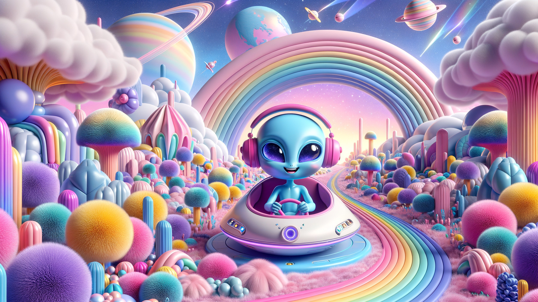 Whimsical Alien in Colorful Mushroom Landscape