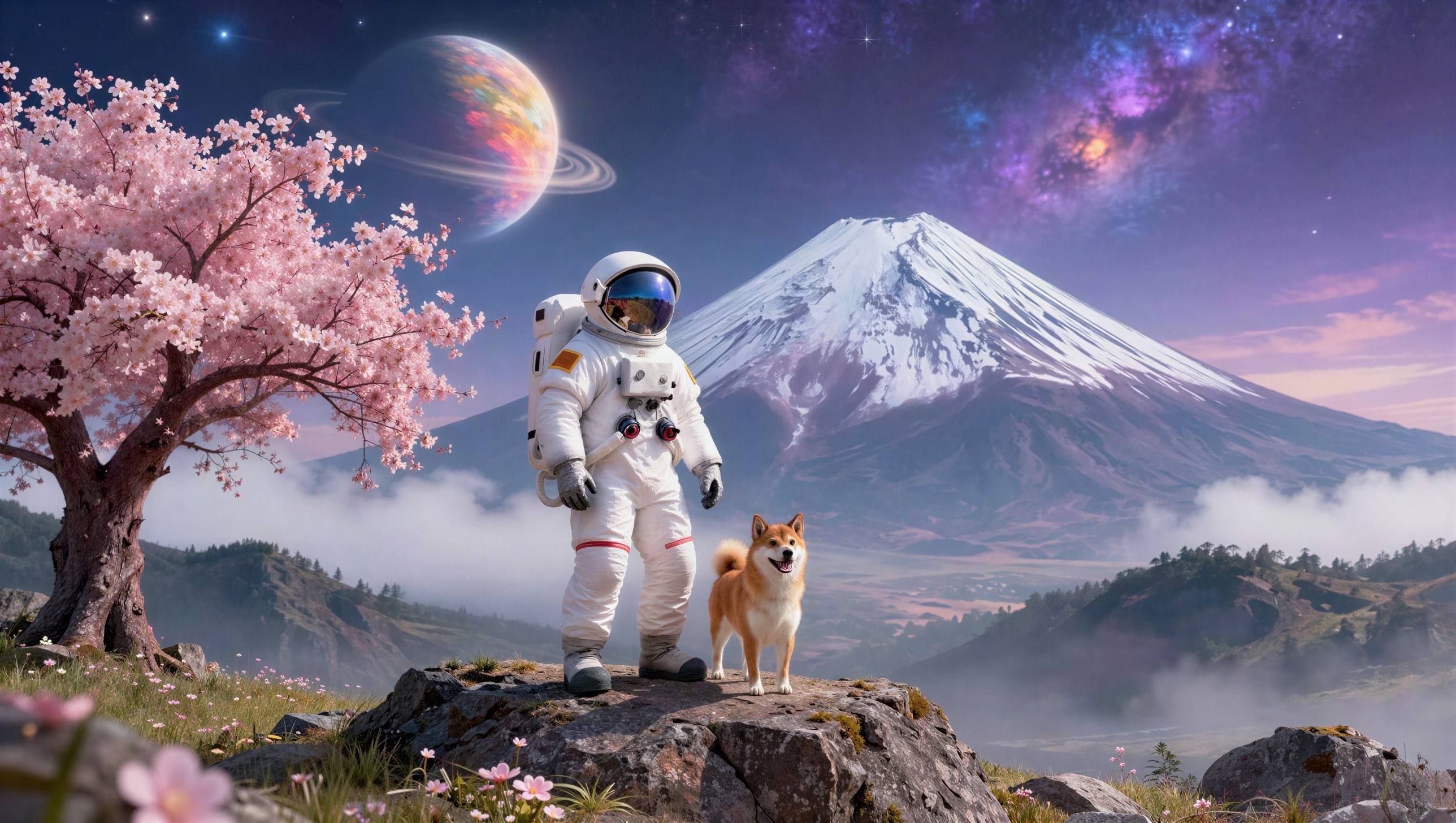 Astronaut and Shiba Inu in a Colorful Cosmic Landscape