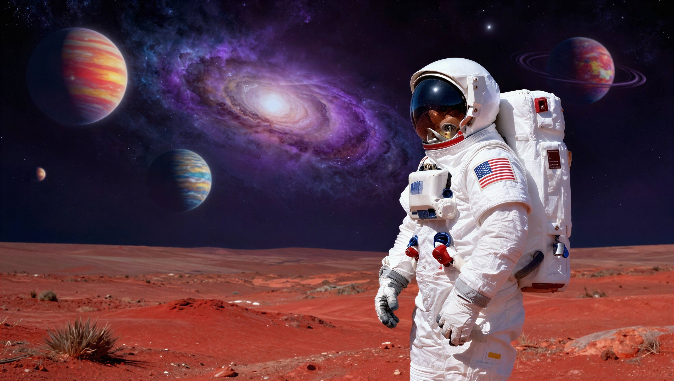 Astronaut on Martian Landscape with Colorful Galaxy