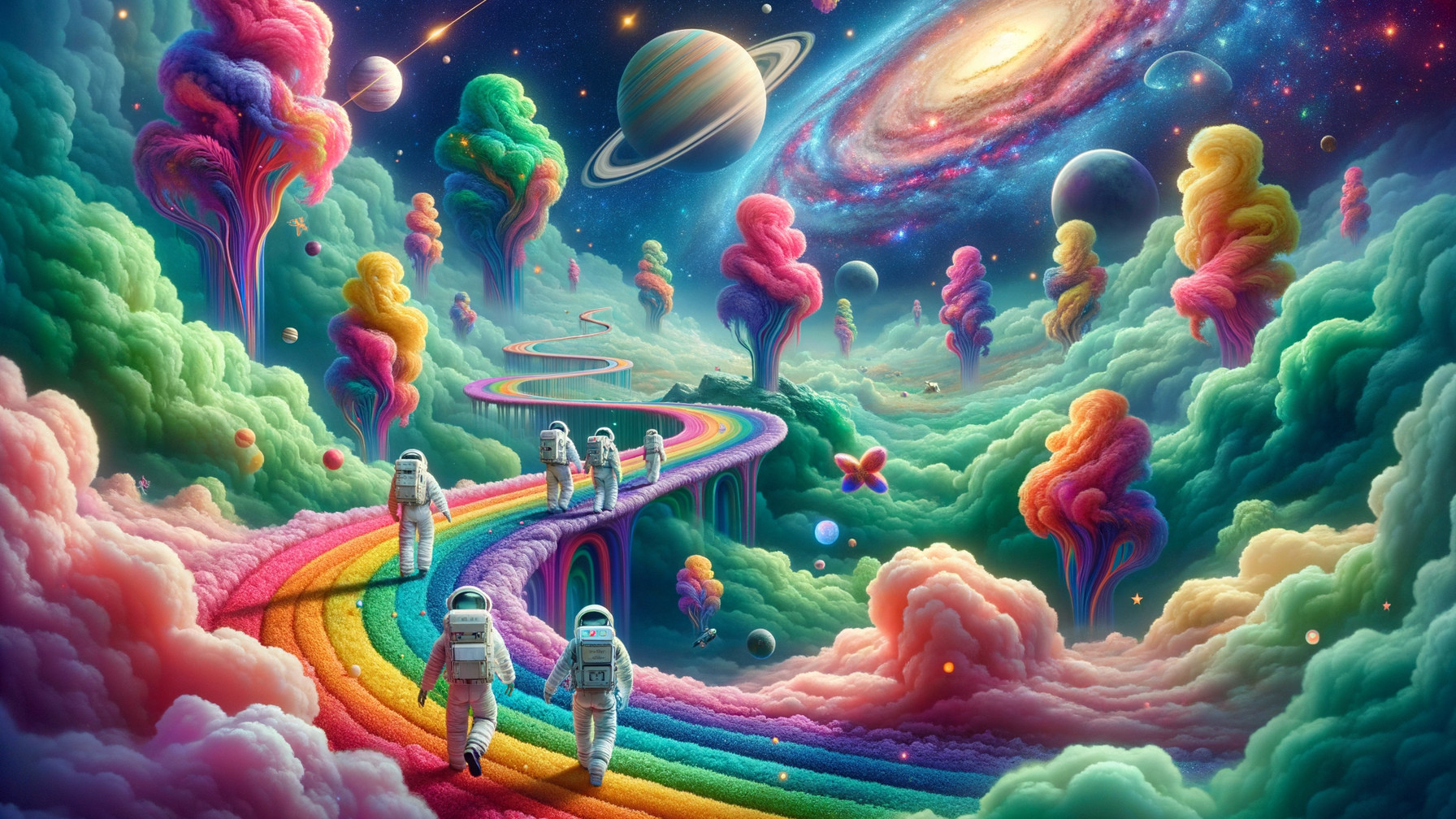 Astronauts on a Rainbow Path in a Surreal Landscape