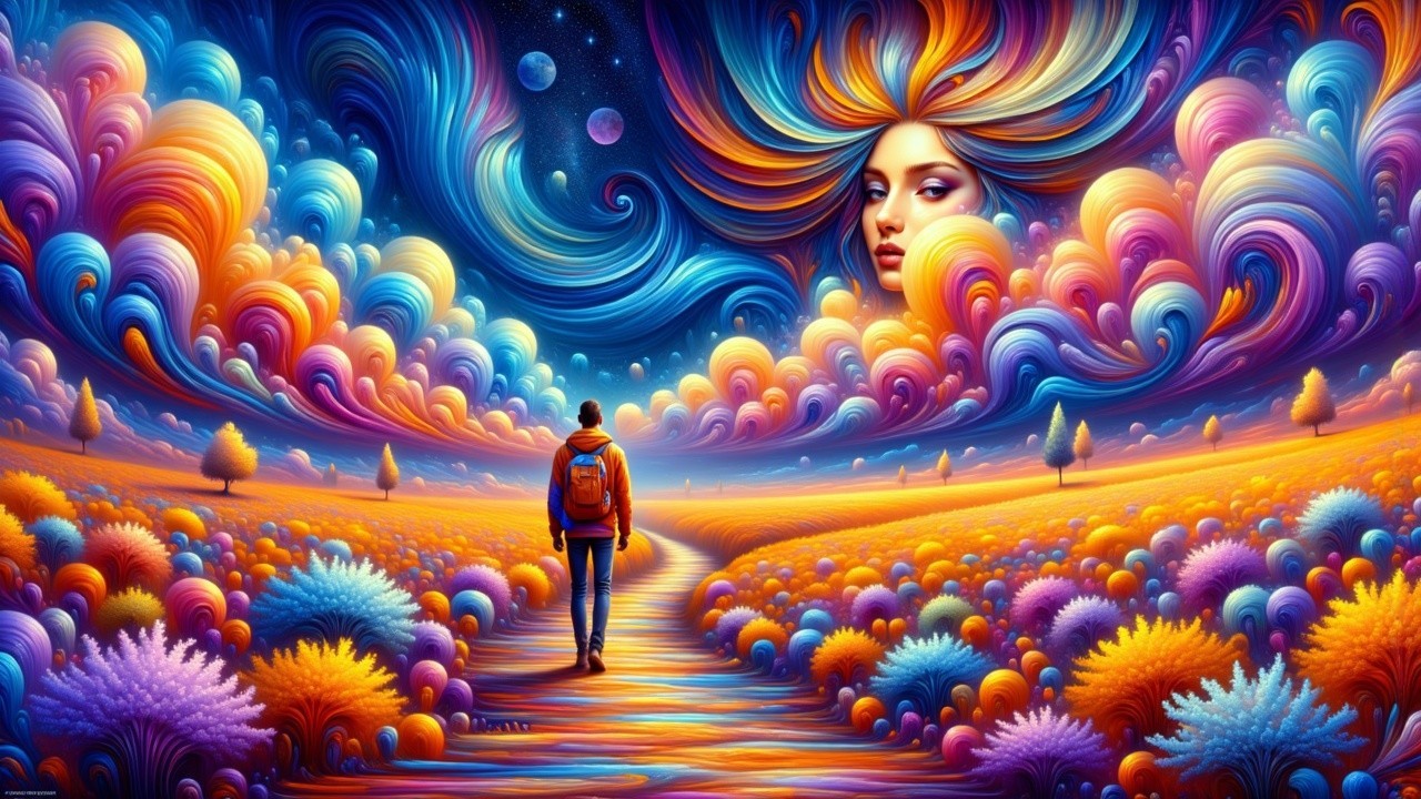 Lone Traveler on Winding Path with Colorful Clouds