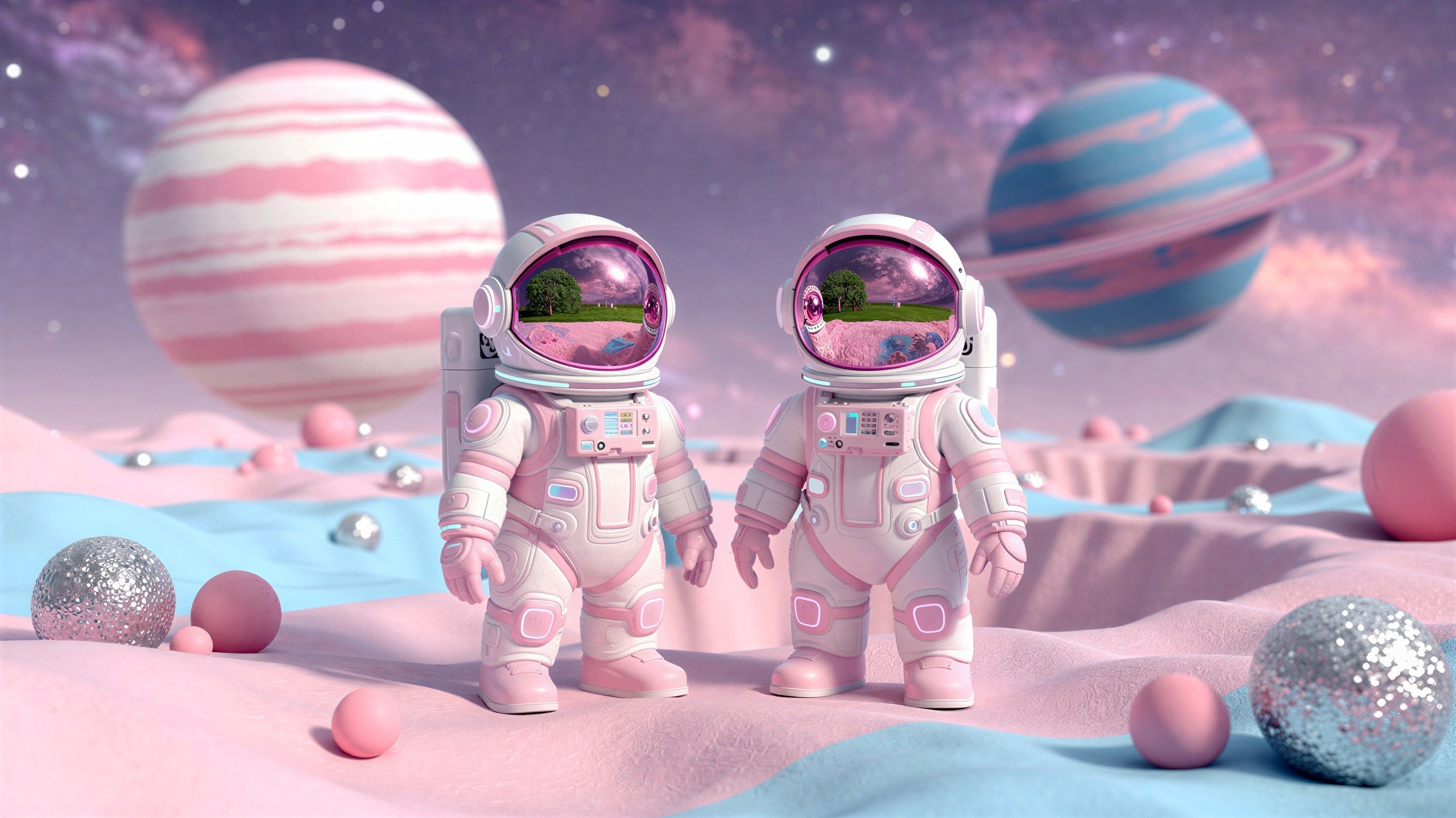 Chibi Astronauts on Colorful Alien Planet Surface