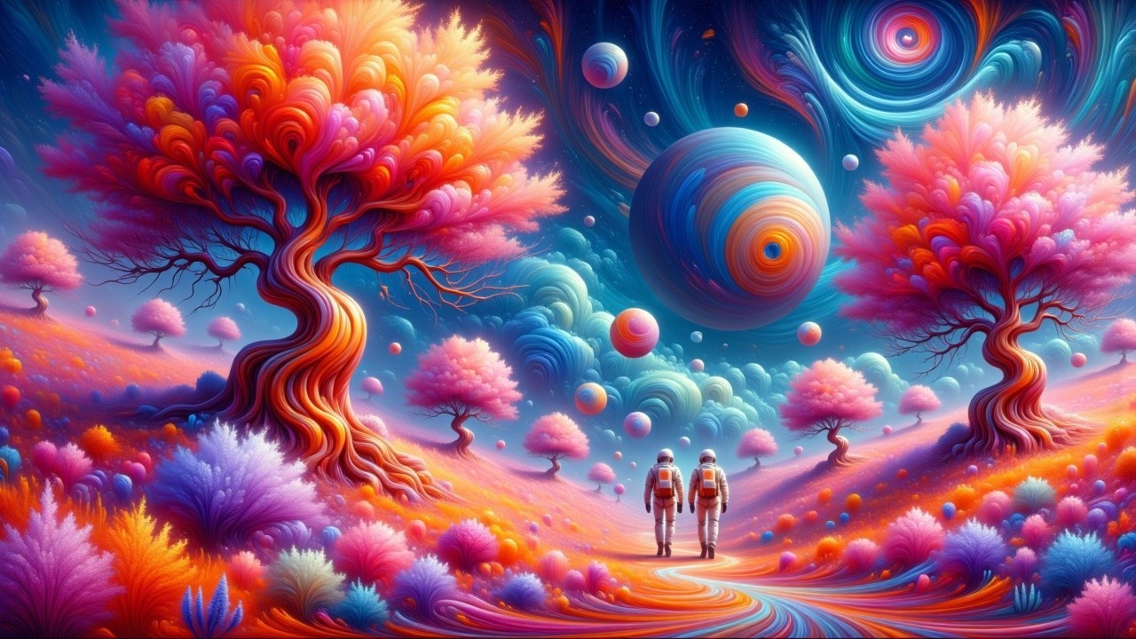 Astronauts Exploring a Colorful Alien Landscape