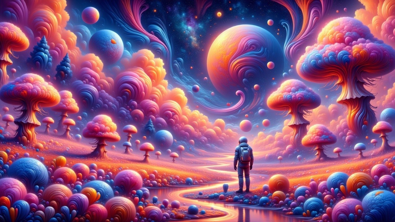 Surreal Landscape with Whimsical Mushroom Trees