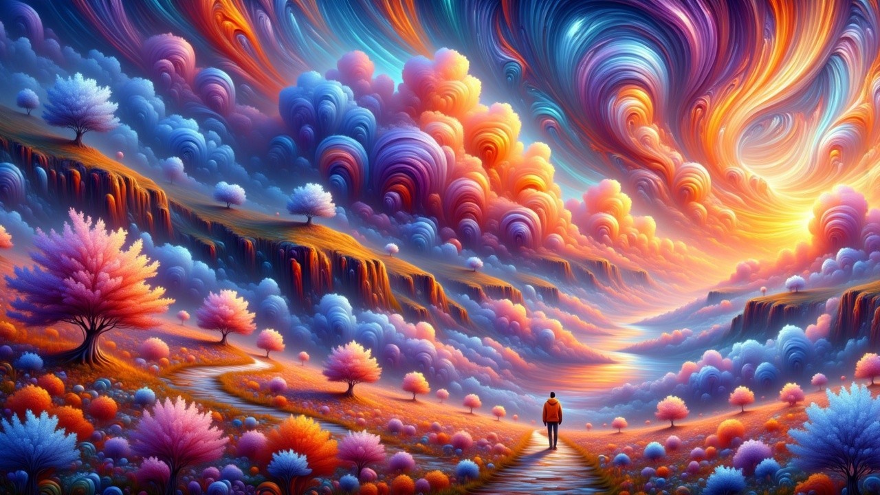 Surreal Landscape with Colorful Trees and Dynamic Sky