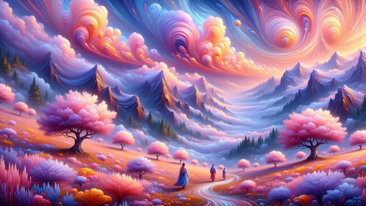 Surreal Landscape with Vibrant Colors and Majestic Mountains