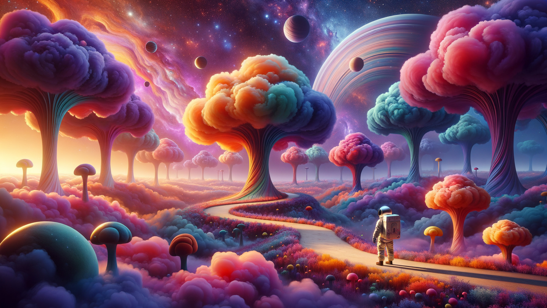 Surreal landscape with oversized colorful trees and mushrooms