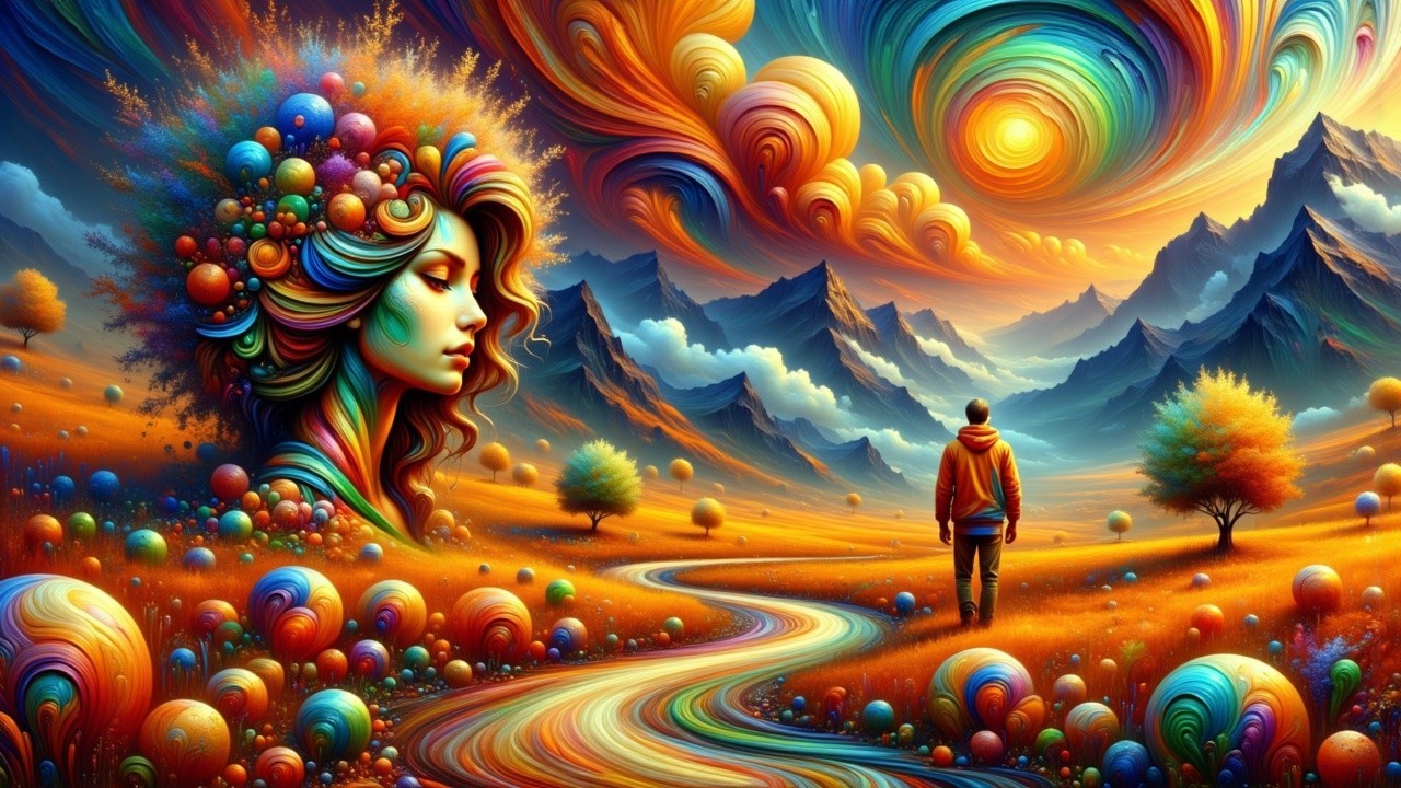Surreal Landscape with Colorful Patterns and Figures