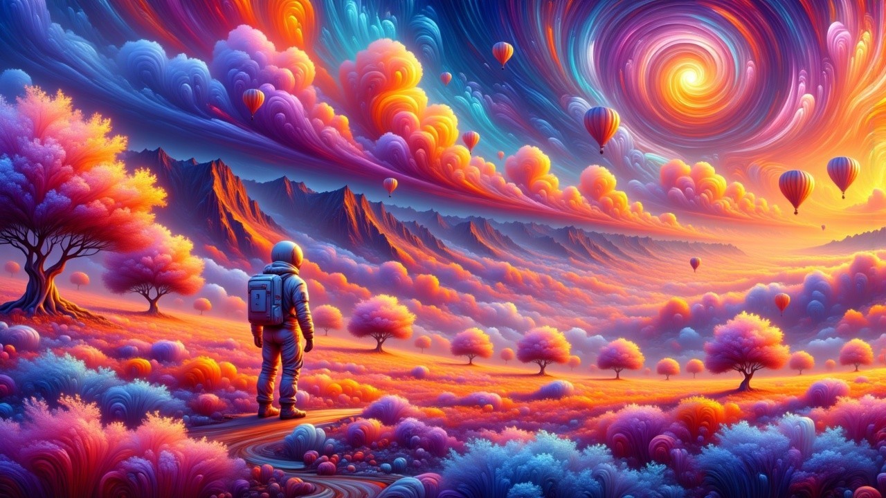 Surreal Landscape with Astronaut and Colorful Balloons
