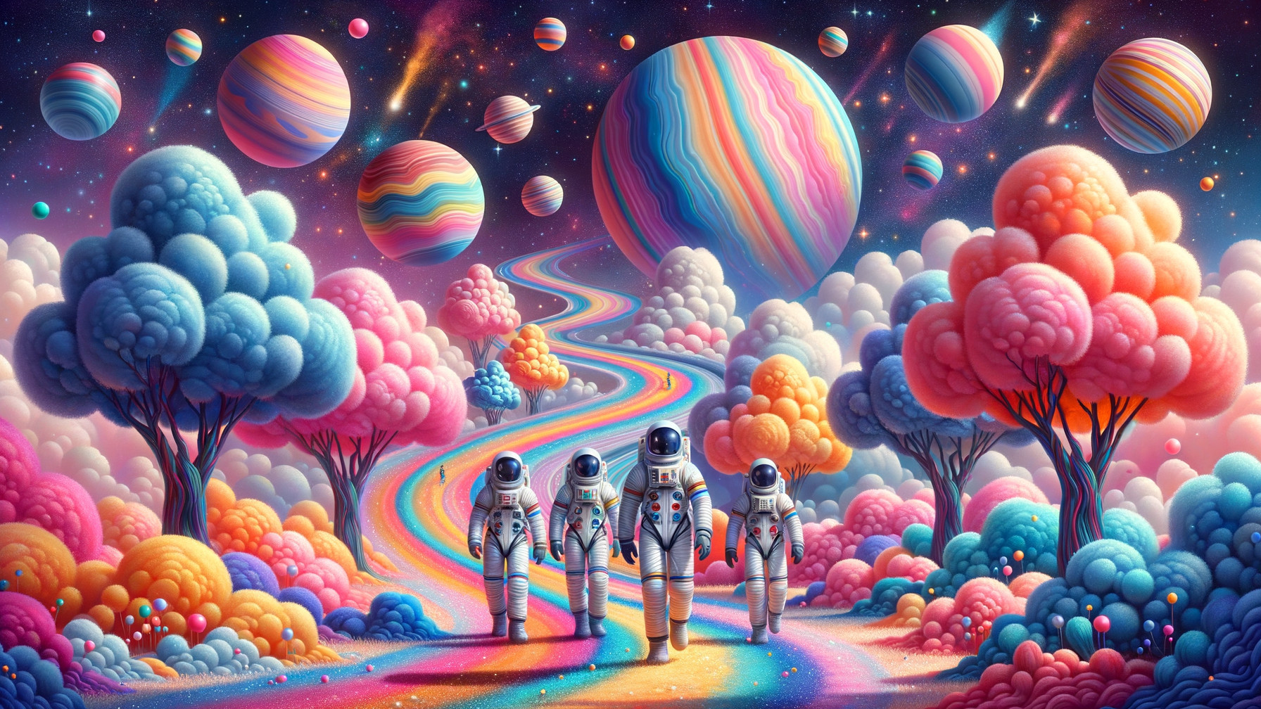 Astronauts in a Colorful Surreal Cosmic Landscape