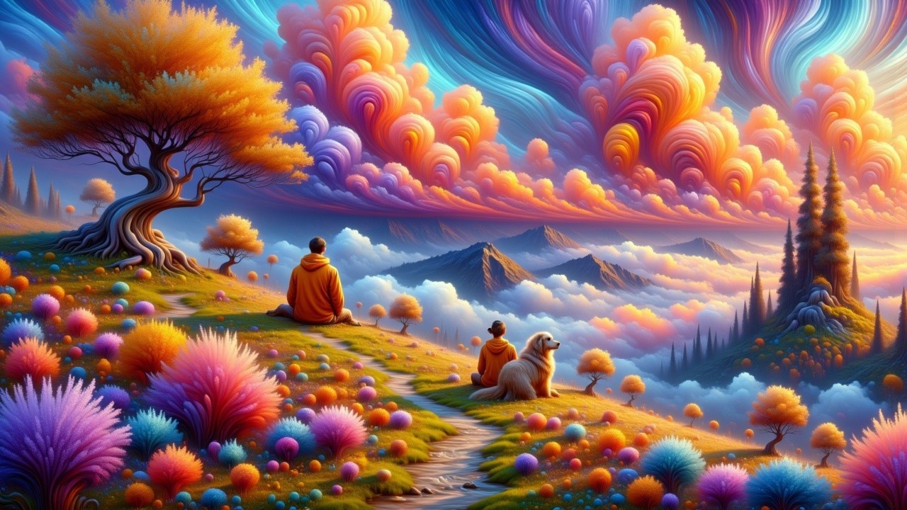 Surreal Landscape with Monk, Dog, and Colorful Nature