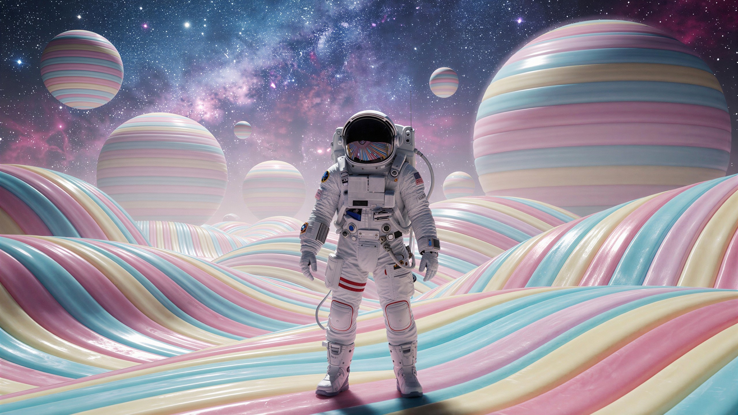 Astronaut on Pastel Striped Landscape with Spherical Moons