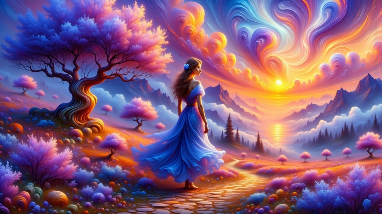 Woman in Blue Dress on Winding Path at Sunset