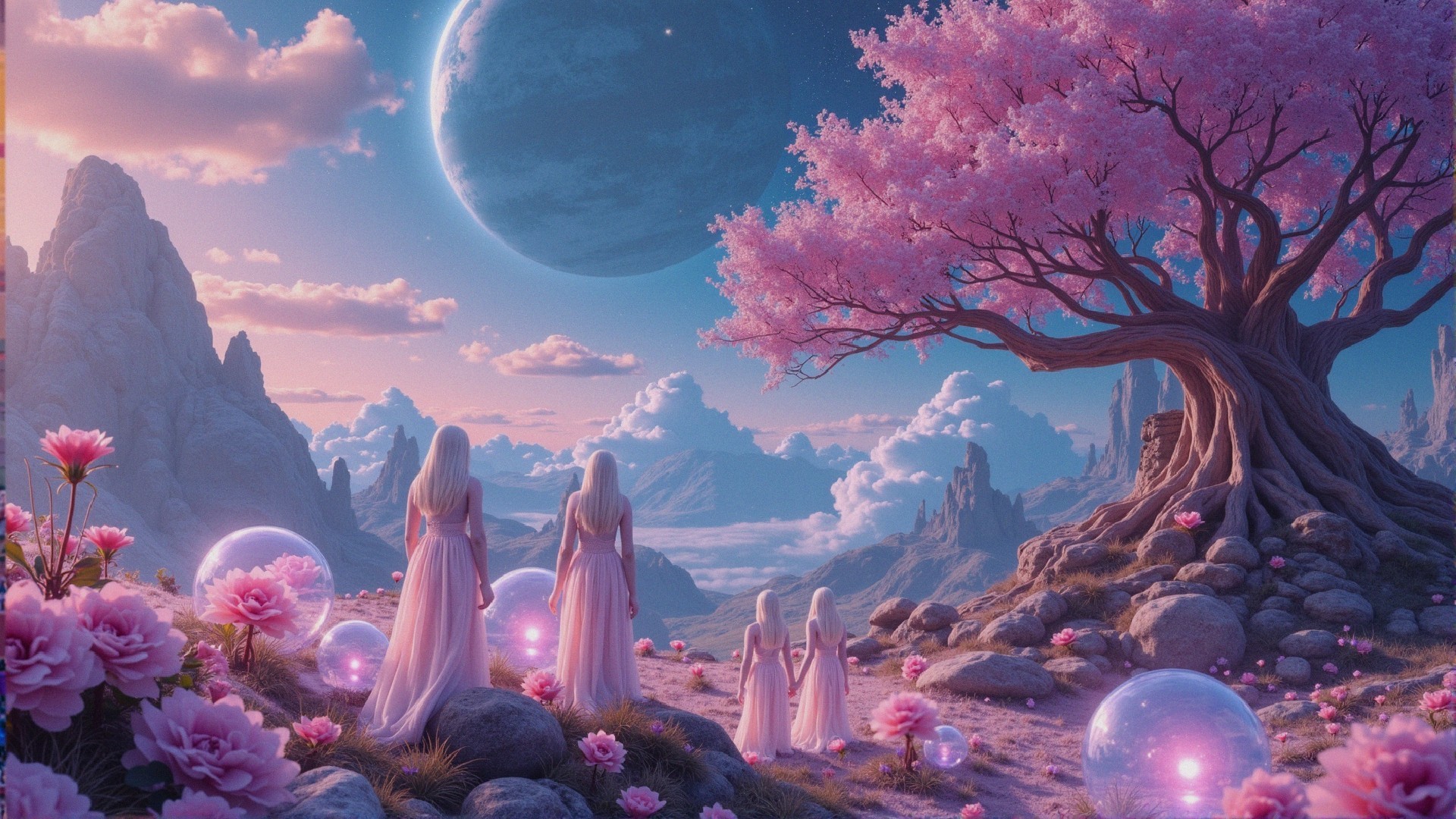 Surreal Landscape with Ethereal Figures and Vibrant Nature