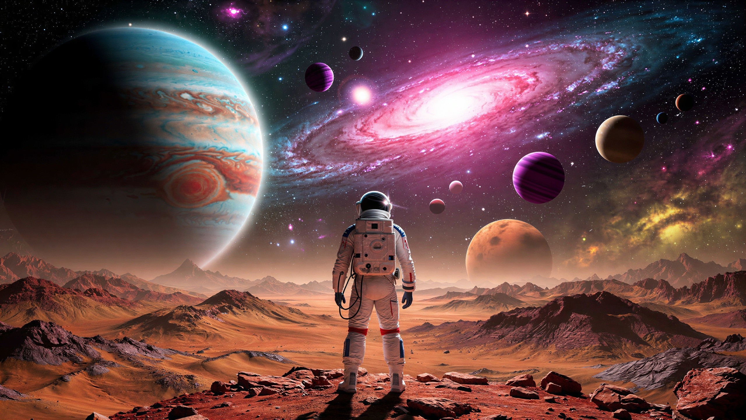Astronaut on Alien Planet with Colorful Cosmic Background